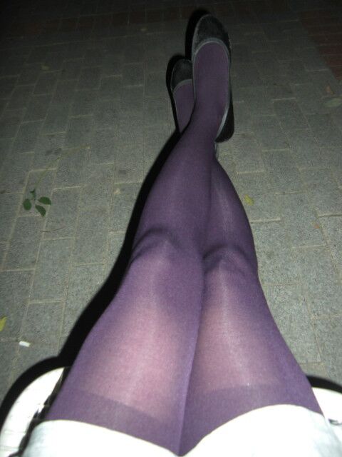 Free porn pics of Exposed purple pantyhose in the park 19 of 22 pics