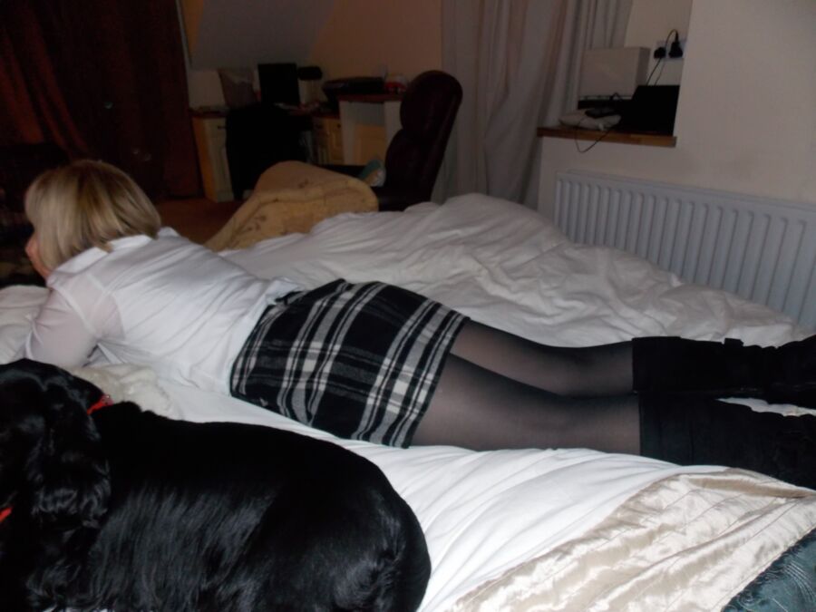 Free porn pics of Sexy wife Anna in boots, opaque tights and short skirt 4 of 7 pics