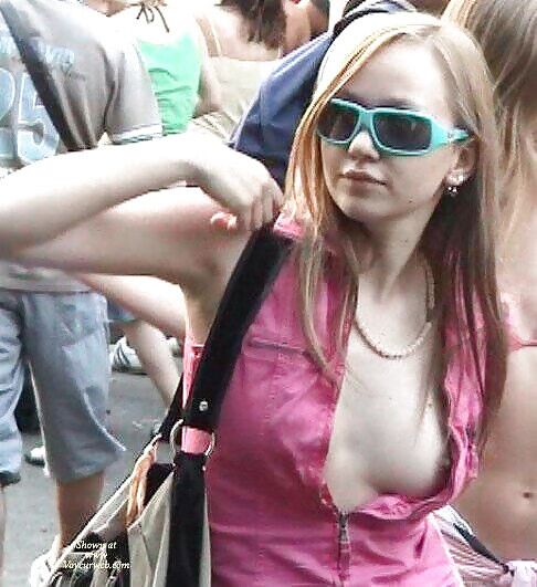 Free porn pics of Braless in public. 16 of 20 pics