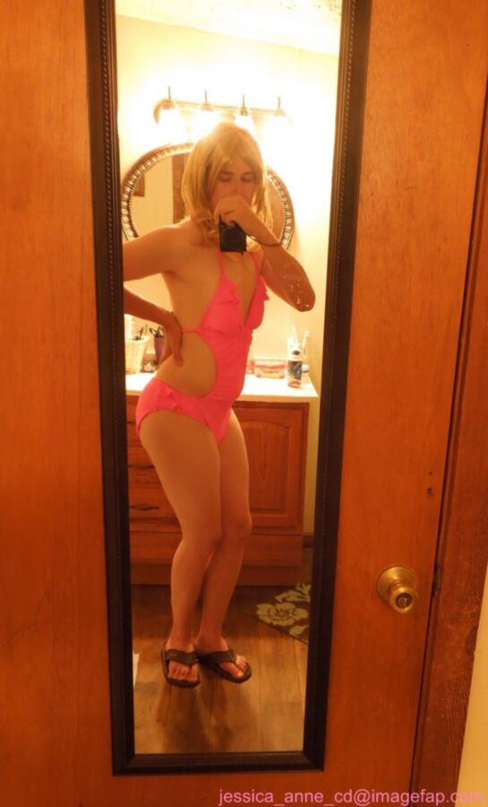 Free porn pics of New pink one-piece swimsuit 6 of 7 pics